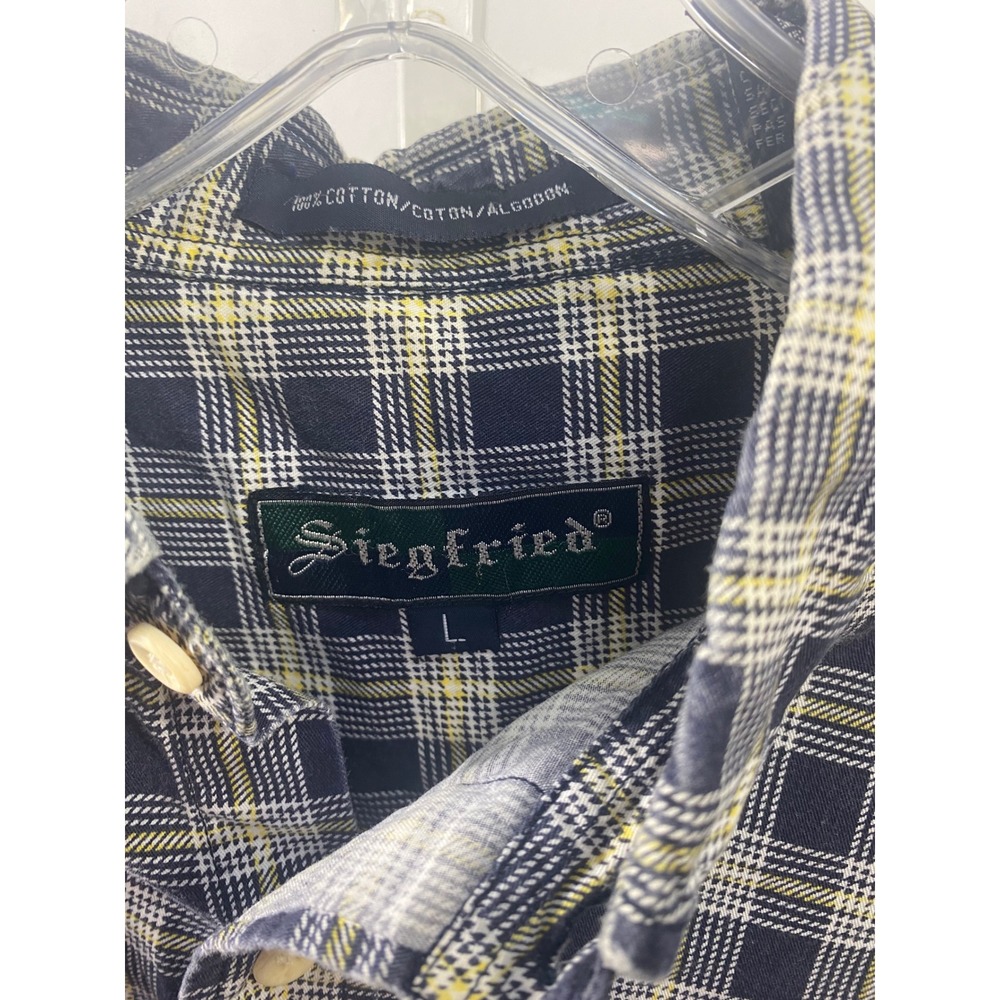 Siegfried Mens Large Plaid Button Down Shirt Navy Blue Yellow Cotton Long Sleeve - Picture 2 of 3